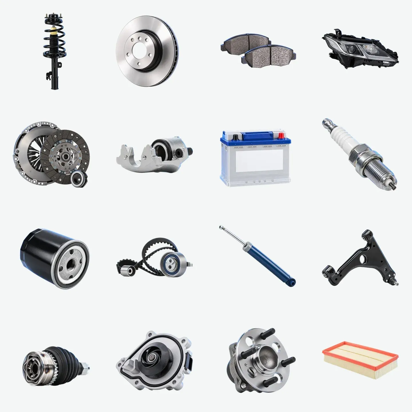 Sixteen AI-generated auto part photos on a light background: strut, brake disc, pads, headlight, clutch kit, caliper, battery, spark plug and more